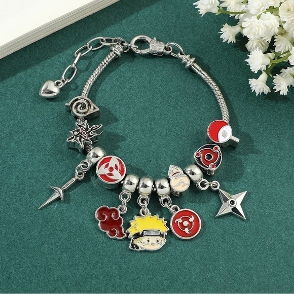 Naruto Jewelry - Silver Plated Naruto Shippuden Anime Themed Charm Bracelet Adjustable Sizing